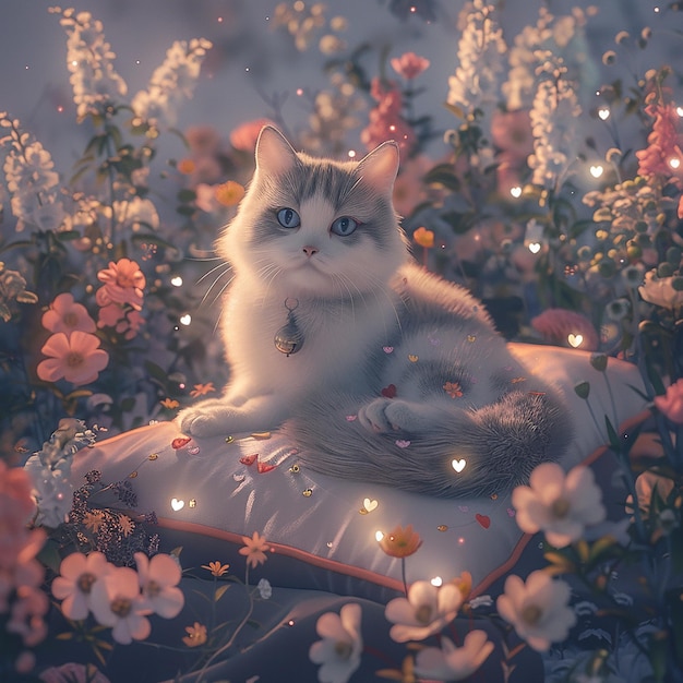 Photo a cute white and grey cat sitting on a pillow surrounded by flowers and tiny heart lights 3d rende