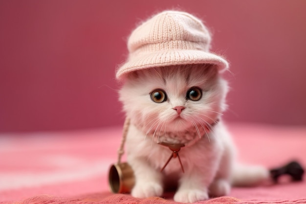 Cute white kitten in a knitted hat and small bag on a pink background Generated ai