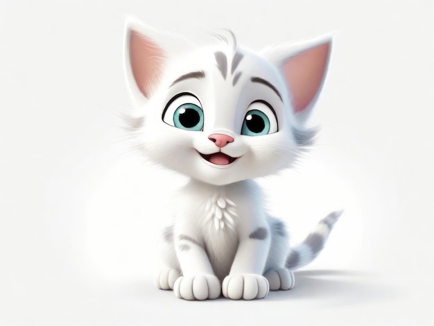 Cute white kitten sitting on a white background 3d rendering