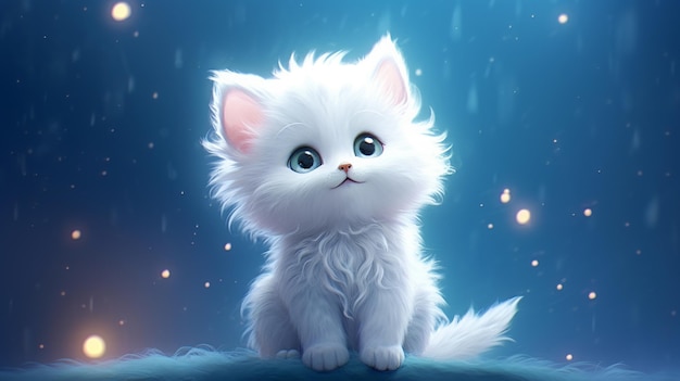 Cute white kitten with blue eyes on a starry sky background