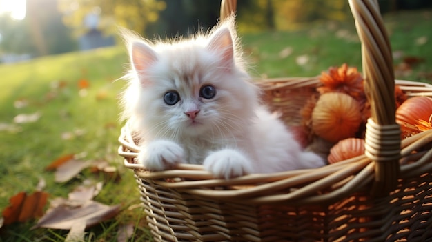 Cute white kitten with blue eyes on a starry sky background