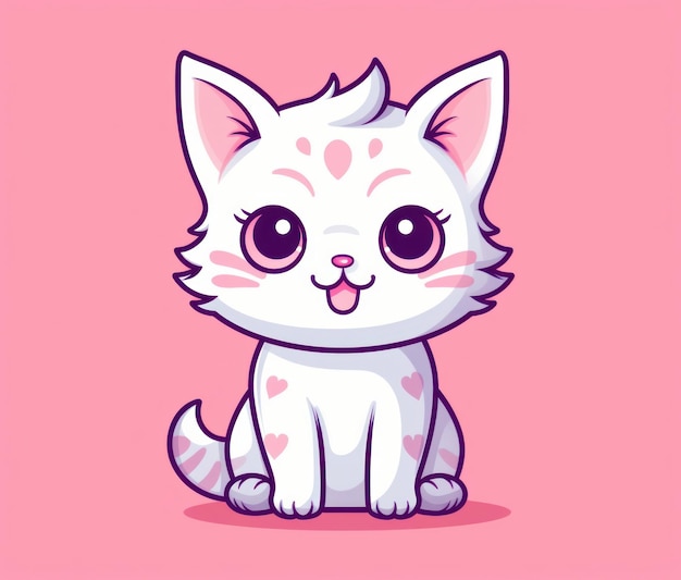 Cute white kitten with pink hearts on the pink background