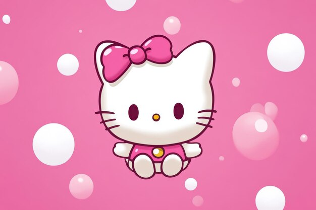 Photo cute white kitty with pink bow and bubbles on pink background