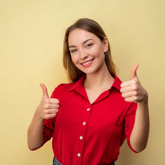 Photo cute white lady in red shirt thumbsup