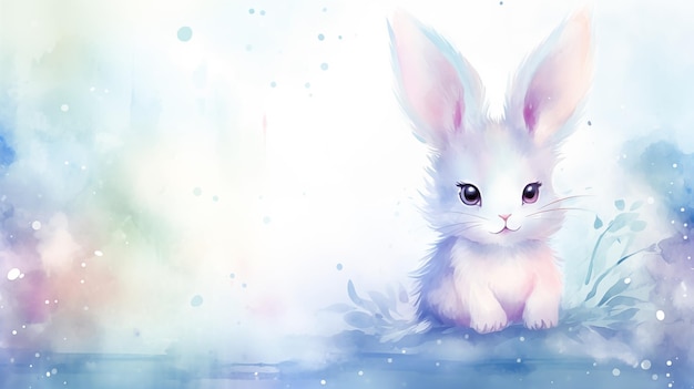 Cute white little cartoon Easter holiday bunny on pastel watercolor spring background copyspace