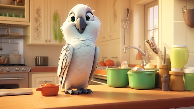 Cute White Parrot In Pixar Kitchen Hyperrealistic Animation