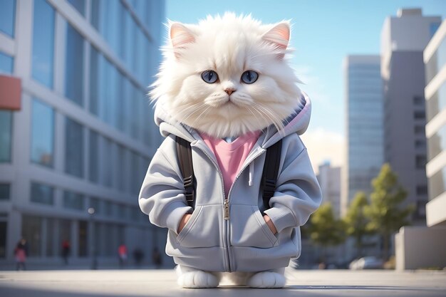 Cute white Persian cat in jacket with backpack on city background