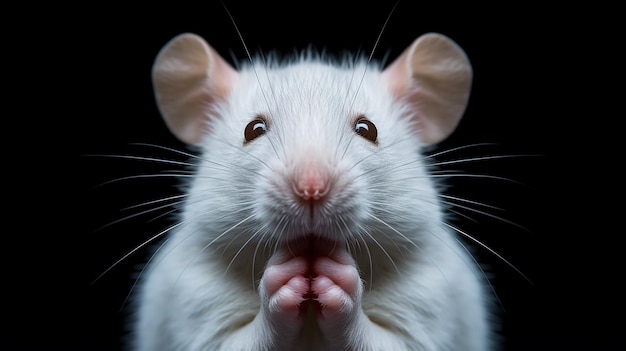 Photo cute white pet rat portrait with black background front on symmetrical view of face with paw