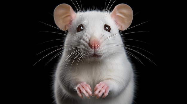 Photo cute white pet rat portrait with black background front on symmetrical view of face with paw