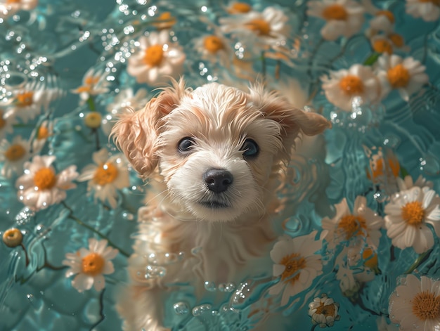 A cute white puppy swims in the pool with yellow and white fur smiling surrounded by flowers