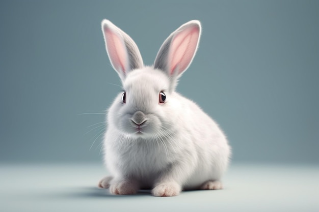 Cute white rabbit on blue background Easter concept 3D Rendering