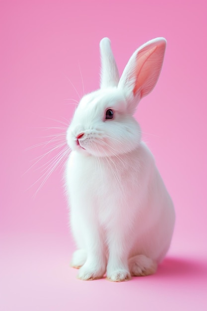 Cute white rabbit on pastel background with copy space for text