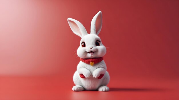 Cute White Rabbit with Red Collar on Red Background