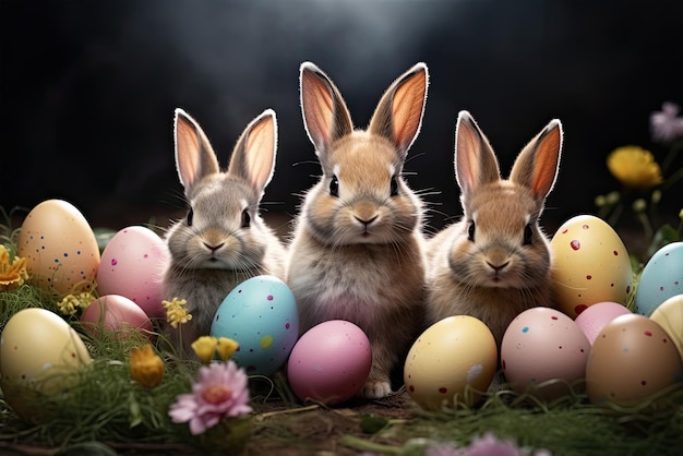 Cute white rabbits family and colorfull easter eggs on green grass Generative ai