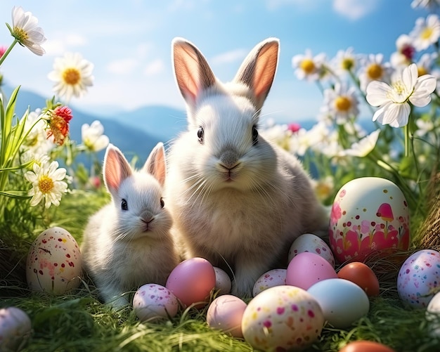 Cute white rabbits family and colorfull easter eggs on green grass Generative ai