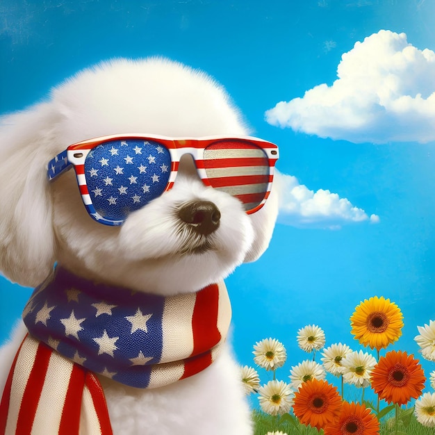 Cute white Samoyed in starry sunglasses for 4th of July in the USA Banner with copy space