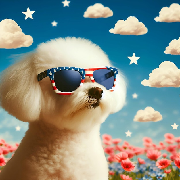 Cute white Samoyed in starry sunglasses for 4th of July in the USA Banner with copy space