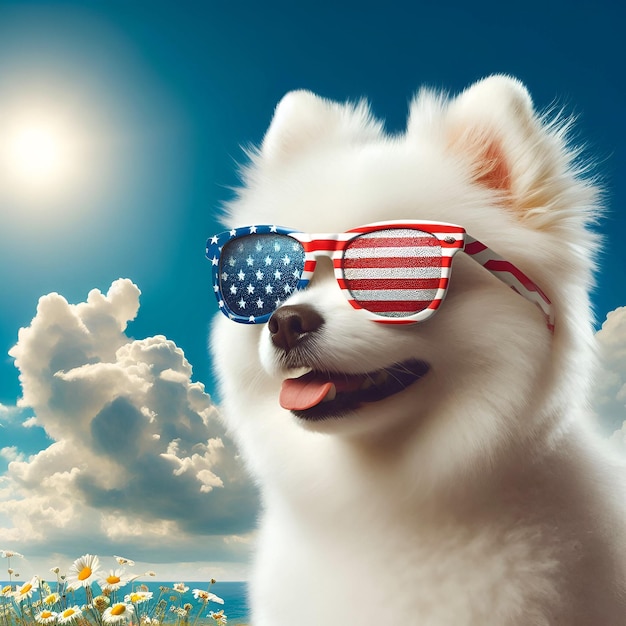 Cute white Samoyed in starry sunglasses for 4th of July in the USA Banner with copy space