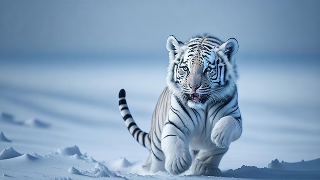 A cute white tiger cub running through the snow Wildlife scene