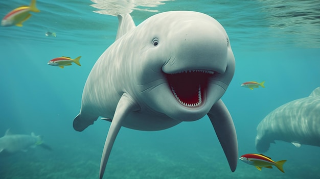 Cute white whale swimming in the deep blue sea AI generative