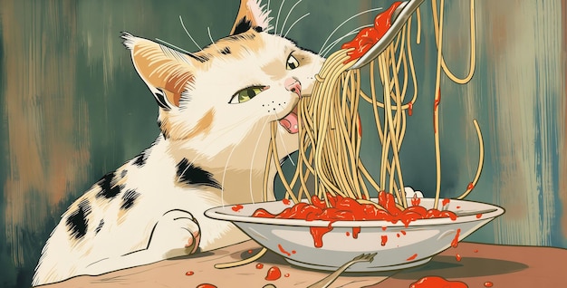 Cute white with brown spots cat eating spaghetti Design poster for menu restaurant