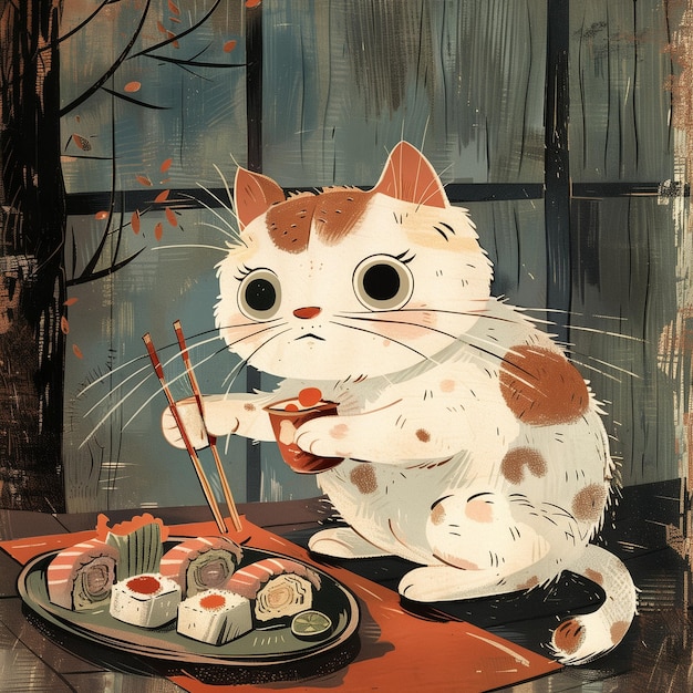 Cute white with brown spots cat eating sushi and maki roll Asian style illustration Design poster fo