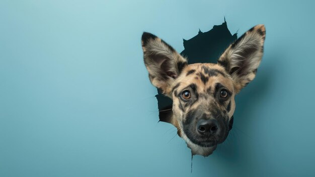 Photo cute wild dog peeking through a hole