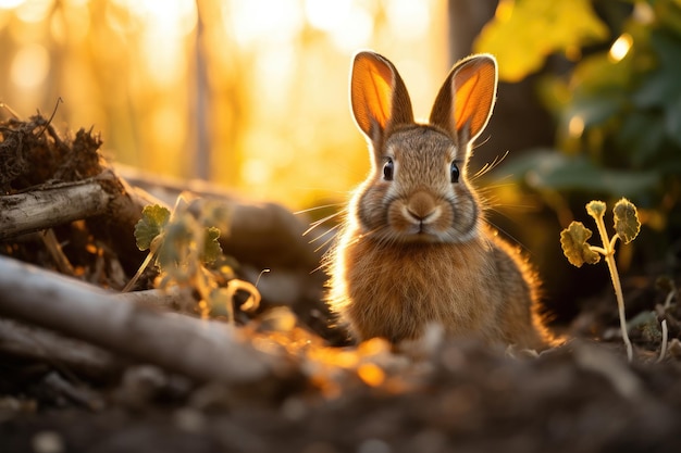 Cute wild hare or rabbit in forest in sunlight