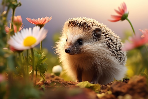 Cute Wild Hedgehog Playing on a Flowering Meadow Enjoying Beautiful Daisy Flower in the Morning