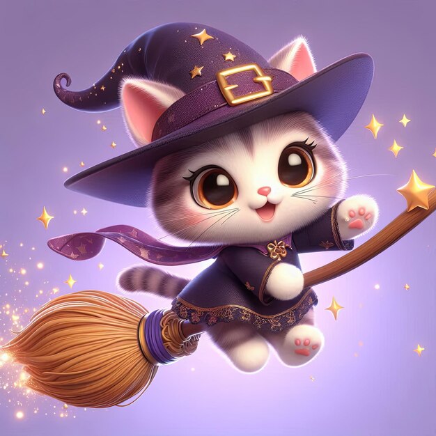 Photo cute witch cat flying with magic broom cartoon 3d