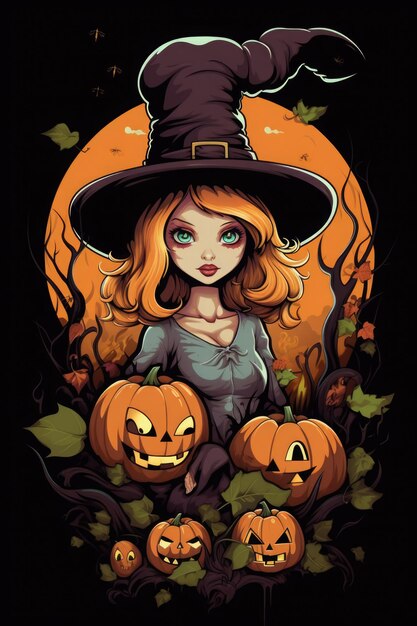 cute witch holds a jakc o lantern halloween illustration