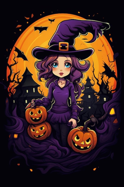 cute witch holds a jakc o lantern halloween illustration