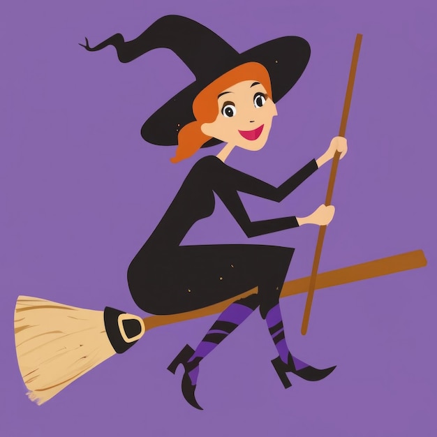 A cute witch riding a broomstick isolated on a purple background