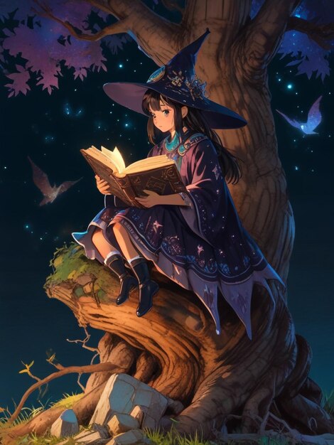 a cute wizard sitting on a tree stump reading a book his ornate robes reminiscent of the stars in t