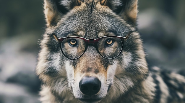 cute wolf closeup with glasses Grey Wolf Canis lupus Portrait captive animal Generative Ai