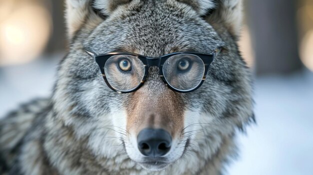 Photo cute wolf closeup with glasses portrait of wolf with glasses generative ai