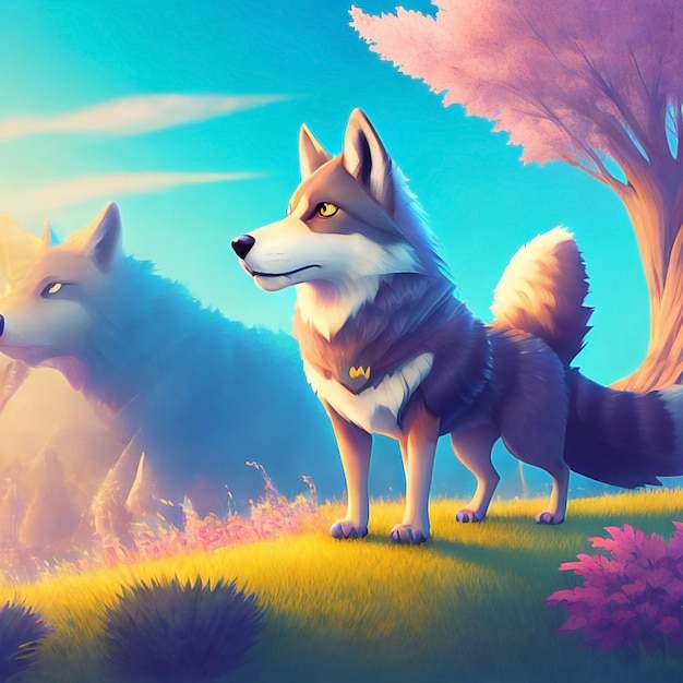 cute wolf illustration with forest background