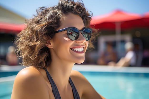 Cute woman enjoying sitting next to a luxury outdoor pool