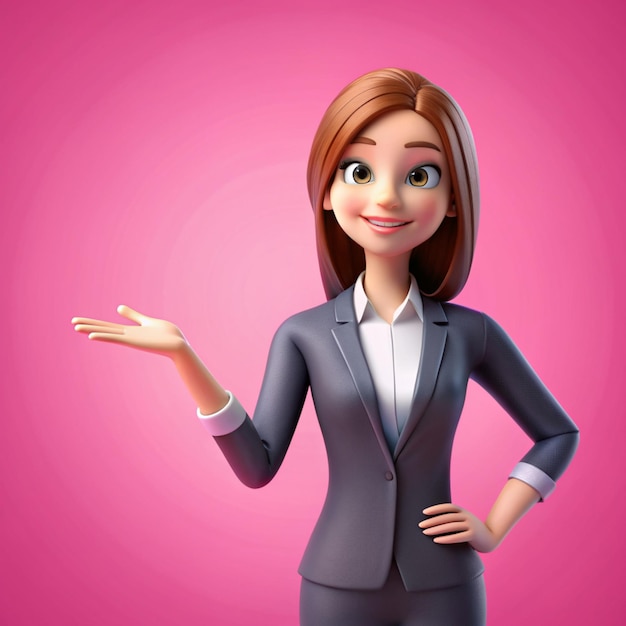 Cute woman hold hands gesture to empty spec business woman concept on pink background 3d rendering