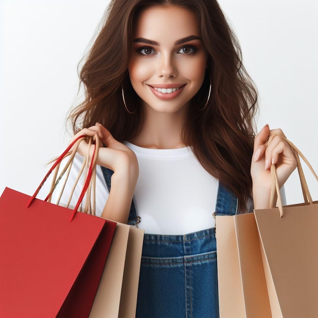 cute woman holding shopping bags on her shoulders