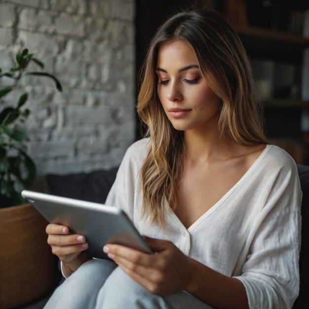 Photo a cute woman is looking at a tablet phone and reading ai generated