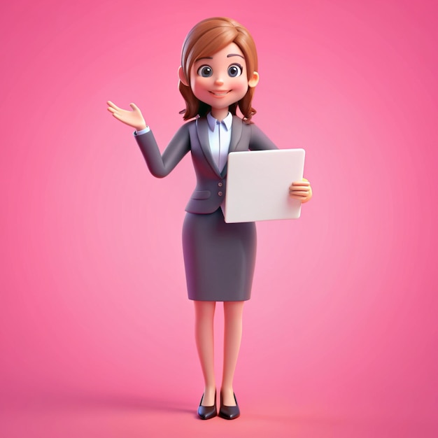 Cute woman showing hands gesture empty white banner business woman concept on pink background 3d rendering