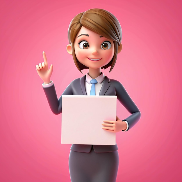 Cute woman showing hands gesture empty white banner business woman concept on pink background 3d rendering