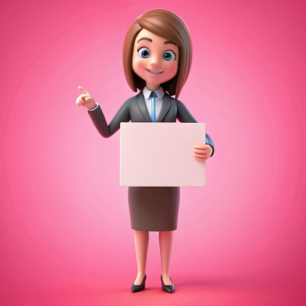 Cute woman showing hands gesture empty white banner business woman concept on pink background 3d rendering