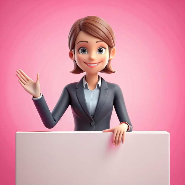 Cute woman showing hands gesture empty white banner business woman concept on pink background 3d rendering