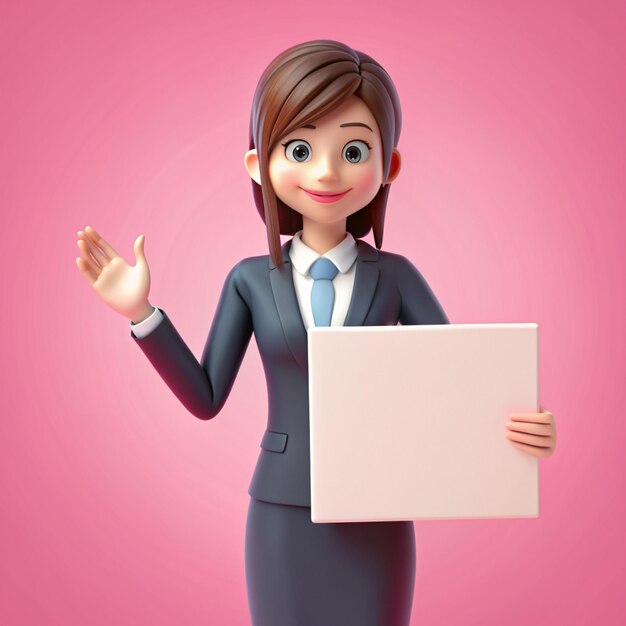 Cute woman showing hands gesture empty white banner business woman concept on pink background 3d rendering