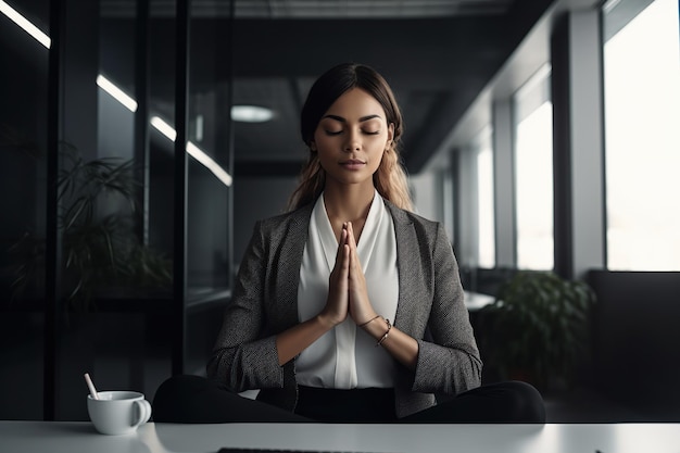 Cute woman sitting in a meditation posture with closed eyes and a smile in a modern office which may evoke a sense of mindfulness relaxation and worklife balance Generative AI