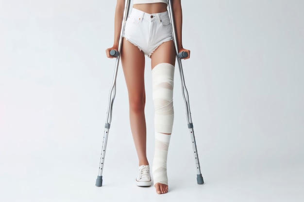 cute woman with broken leg bandaged with white bandages standing on crutches ai generative