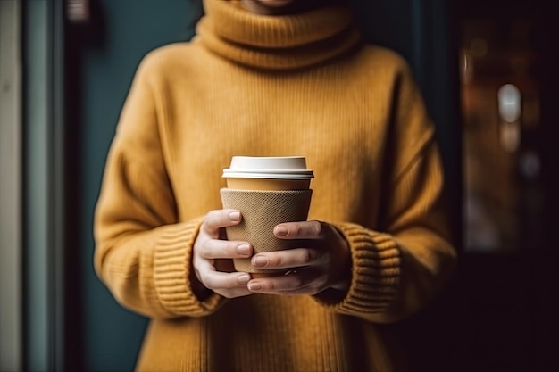 Cute womans hand holding a blank coffee cup