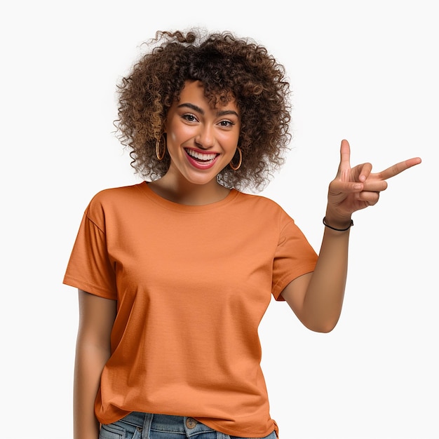 cute women Person with excited expression pointing to tshirt mockup